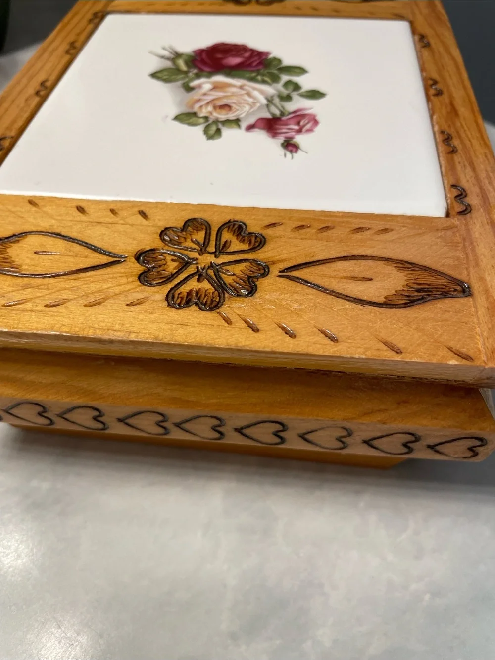 Vintage Wooden Trinket Box with Rose Tile